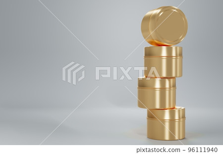 Stack of gold container candle tin box mock-up on beige background 3D render, travel candle can template for branding Stack of gold container candle tin box mock-up on beige background 3D render, travel candle can template for branding 96111940