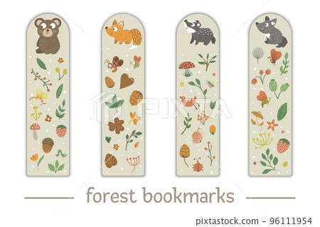 Vector set of bookmarks for children with woodland animals theme. Cute smiling baby bear, fox, badger, wolf on beige background. Vertical layout card templates with forest elements. Stationery for 96111954