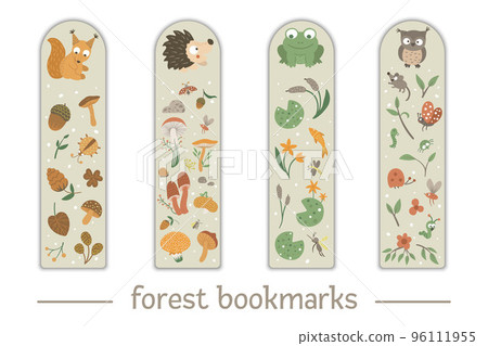 Vector set of bookmarks for children with woodland animals theme. Cute smiling baby squirrel, hedgehog, frog, owl on beige background. Vertical layout card templates with forest elements. Stationery 96111955