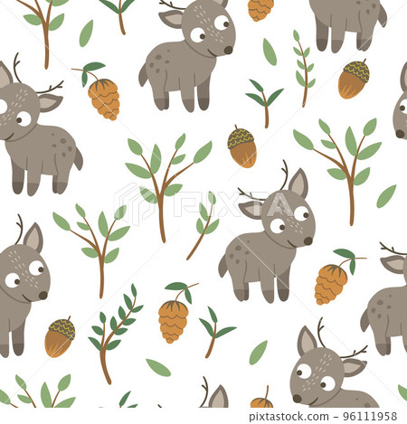 Vector seamless pattern of hand drawn flat funny baby deer with acorns, cones, mushrooms and twigs. Forest themed repeating background for children design. Cute animalistic backdrop 96111958