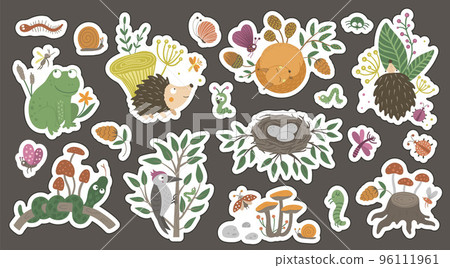 Cute forest themed stickers for children on dark background. Bright flat illustration of woodland animals, insects, mushrooms, plants, foliage. Nature inspired smiling characters for kids Cute forest themed stickers for children on dark background. Bright flat illustration of woodland animals, insects, mushrooms, plants, foliage. Nature inspired smiling characters for kids 96111961