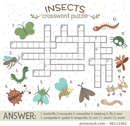 Vector crossword puzzle with forest insects. Bright and colorful quiz for children. Educational activity with ant, caterpillar, butterfly, dragonfly, Warm, Bee. 96111962