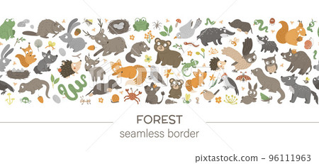 Vector seamless pattern brush with forest animals and elements on white background. Woodland border ornament. Hand drawn flat illustration for children design Vector seamless pattern brush with forest animals and elements on white background. Woodland border ornament. Hand drawn flat illustration for children design 96111963