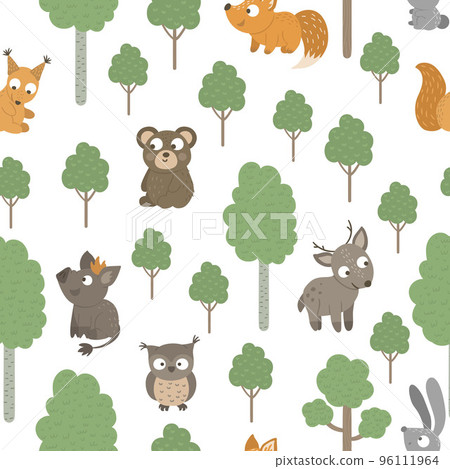 Vector seamless pattern of hand drawn flat funny baby animals with trees. Forest themed repeating background for children design. Cute animalistic backdrop with little deer, bear, squirrel, owl, Vector seamless pattern of hand drawn flat funny baby animals with trees. Forest themed repeating background for children design. Cute animalistic backdrop with little deer, bear, squirrel, owl, 96111964