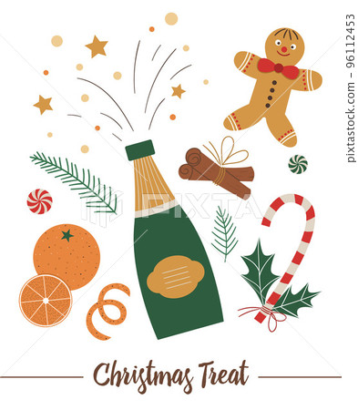 Vector set of Christmas food elements with champagne isolated on white background. Flat style illustration with yummy traditional treats for decorations or new year design. 96112453