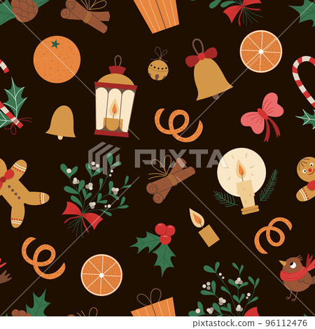 Vector seamless pattern of Christmas elements with lantern, gingerbread man, orange, mistletoe, candle on black background. Cute funny repeat texture of new year symbols. Christmas flat style picture Vector seamless pattern of Christmas elements with lantern, gingerbread man, orange, mistletoe, candle on black background. Cute funny repeat texture of new year symbols. Christmas flat style picture 96112476