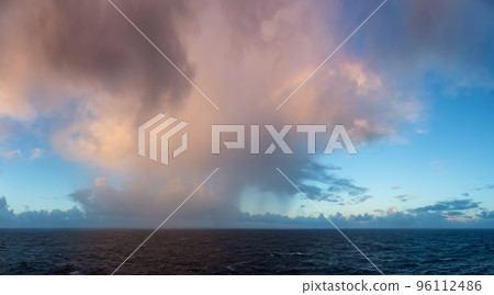 Dramatic Colorful Sunrise Sky over North Atlantic Ocean. Cloudscape Nature Background. Dramatic Colorful Sunrise Sky over North Atlantic Ocean. Cloudscape Nature Background. 96112486