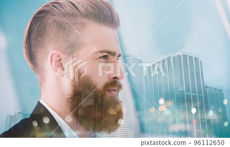Businessman looks far for the future. Concept of innovation and startup. double exposure Businessman looks far for the future. Concept of innovation and startup. double exposure 96112650