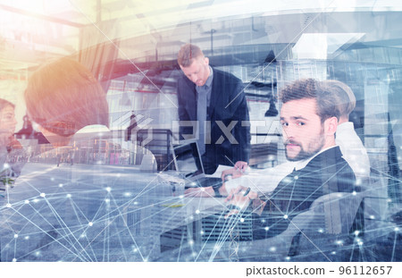 Business people that work together in office with network effects. Concept of teamwork and partnership. double exposure 96112657