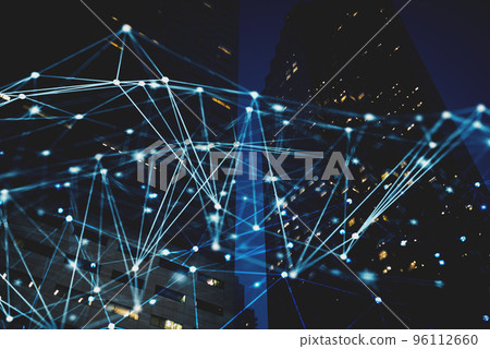 Abstract internet connection network with night city with skyscrapers at the background Abstract internet connection network with night city with skyscrapers at the background 96112660