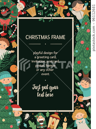 Vector Christmas vertical layout frame with children, Santa Claus, Angel on black background. Holiday themed banner or invitation. Cute funny New Year card template. 96112681