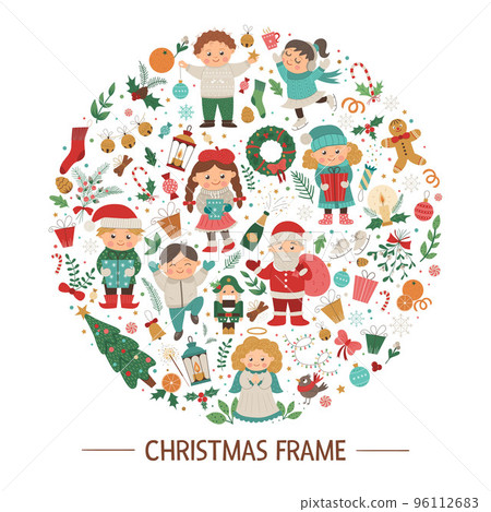 Vector Christmas round frame with children, Santa Claus, Angel on dark blue background. Holiday themed banner or invitation framed in circle. Cute funny New Year card template. 96112683
