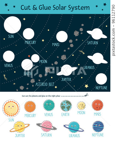 Vector cut and glue solar system for children. Space educational activity with smiling earth, sun, moon, Venus, mars, Jupiter, mercury, Saturn, Neptune Vector cut and glue solar system for children. Space educational activity with smiling earth, sun, moon, Venus, mars, Jupiter, mercury, Saturn, Neptune 96112790