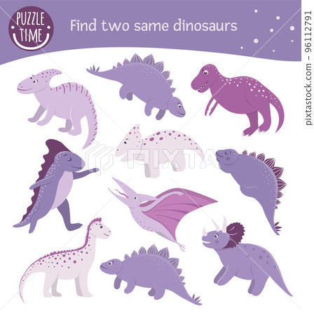 Find two same dinosaurs. Matching activity for preschool children. Funny prehistoric game for kids. Logical quiz worksheet. Find two same dinosaurs. Matching activity for preschool children. Funny prehistoric game for kids. Logical quiz worksheet. 96112791