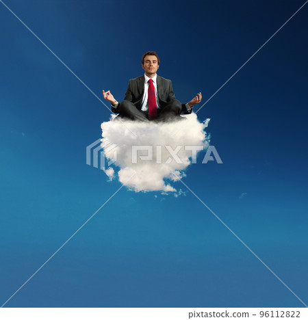 Stressed businessman practice yoga on a cloud 96112822