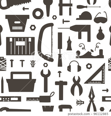 Vector tools silhouettes seamless pattern. Flat black and white illustration with building, carpenter equipment. Woodwork, repair service or craft workshop repeating background 96112865