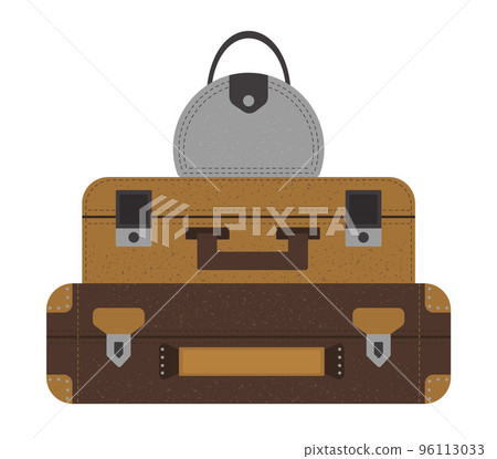 Vector flat illustration of a pile of traveler suitcases. Brown luggage icon with label. Travel object isolated on white background. Vacation infographic element. 96113033