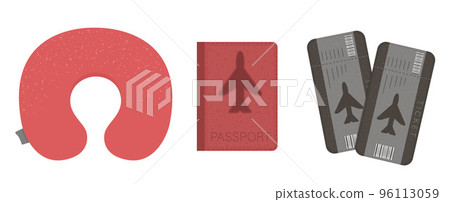 Vector flat illustration of plane cushion, passport, tickets. Flight traveler equipment icon. Travel object isolated on white background. Vacation infographic element. Vector flat illustration of plane cushion, passport, tickets. Flight traveler equipment icon. Travel object isolated on white background. Vacation infographic element. 96113059