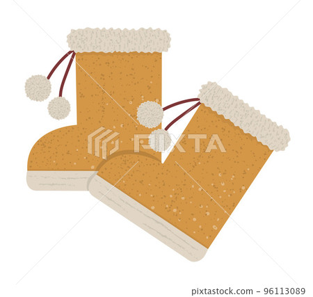 Winter clothes illustration. Pair of vector ugg boots for cold weather isolated on white background. Flat picture of clothing items for feet. Winter clothes illustration. Pair of vector ugg boots for cold weather isolated on white background. Flat picture of clothing items for feet. 96113089