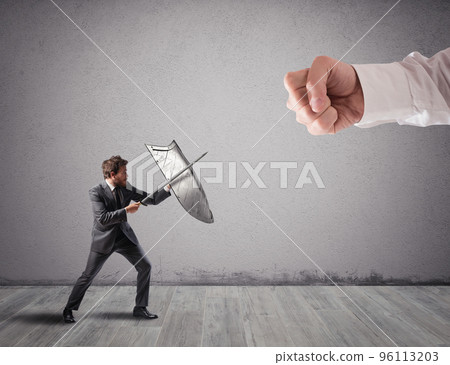 Little business man challenges big problems fighting with shield and sword Little business man challenges big problems fighting with shield and sword 96113203