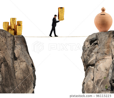 Businessman moves a pile of coins to a moneybox. concept of difficulty to saving money 96113223