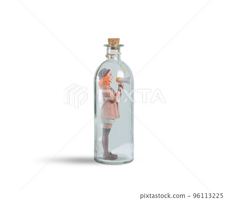 Clown girl shouts with the megaphone without being heard 96113225