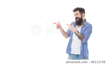 happy brutal bearded man in checkered shirt isolated on white background with copy space happy brutal bearded man in checkered shirt isolated on white background with copy space 96113736