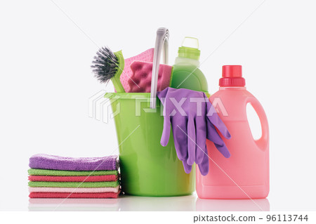 Household Cleaner tools and sundry items Spring cleaning kitchen, bathroom and other rooms. on white. Cleaning and janitorial service concept. Green and vibrant violet Household Cleaner tools and sundry items Spring cleaning kitchen, bathroom and other rooms. on white. Cleaning and janitorial service concept. Green and vibrant violet 96113744