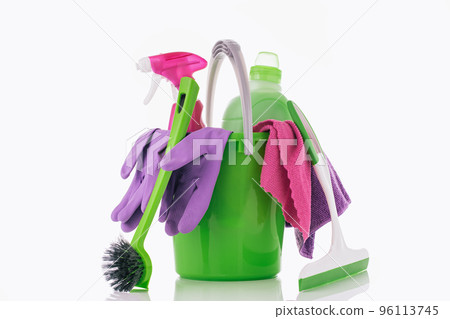 Household Cleaner tools and sundry items Spring cleaning kitchen, bathroom and other rooms. on white. Cleaning and janitorial service concept. Green and vibrant violet Household Cleaner tools and sundry items Spring cleaning kitchen, bathroom and other rooms. on white. Cleaning and janitorial service concept. Green and vibrant violet 96113745