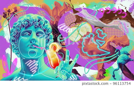 Contemporary strange funny clipart, a modern concept collage. The concept of chilling, rest and relaxation. A statue of a man sipping a cocktail and showing a sign of peace and victory. Bright floral Contemporary strange funny clipart, a modern concept collage. The concept of chilling, rest and relaxation. A statue of a man sipping a cocktail and showing a sign of peace and victory. Bright floral 96113754