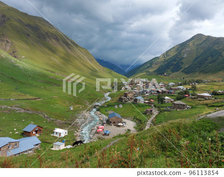 Ushguli, Georgia - September 06 2021: Svan Towers at Ushguli village in Samegrelo-Zemo Svaneti, Georgia. It is part of the UNESCO World Heritage Site - Upper Svaneti 96113854