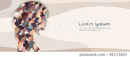 Profile silhouette group of many multicultural women and girls forming a woman head in profile. Empowerment. Female community of social network. Racial equality. Allyship. Poster - Banner 96113893