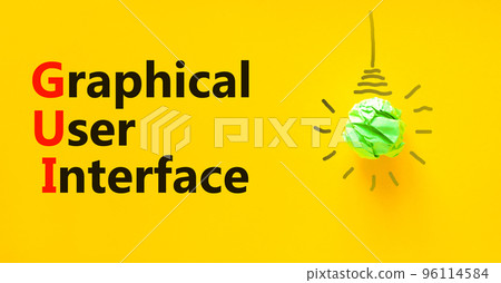 GUI graphical user interface symbol. Concept words GUI graphical user interface on a beautiful yellow background. Light bulb. Business and GUI graphical user interface concept. Copy space. 96114584