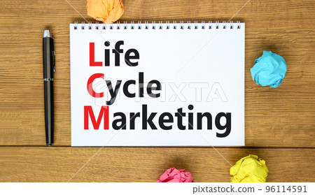 LCM lifecycle marketing symbol. Concept words LCM lifecycle marketing on white note on a beautiful wooden background. Metallic pen. Business and LCM lifecycle marketing concept. Copy space. 96114591