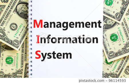 MIS management information system symbol. Concept words MIS management information system on white note on background from dollar bills. Business MIS management information system concept. Copy space 96114593