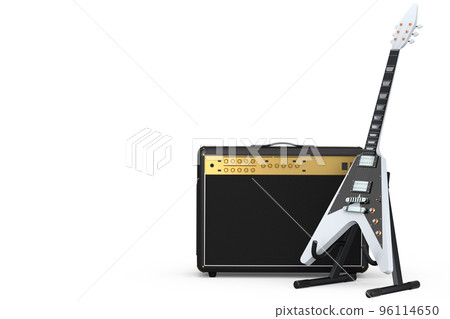 Classical amplifier with acoustic guitar on stand isolated on white background. Classical amplifier with acoustic guitar on stand isolated on white background. 96114650