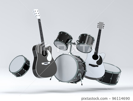 Set of electric acoustic guitars and drums with cymbals on white background 96114690