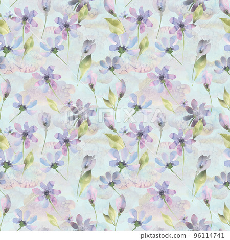 Simple lilac flowers and leaves, light, delicate, romantic, spring. Watercolor illustration. Seamless pattern from the BAMBOO collection. For decoration and design of fabric, textiles, wallpaper Simple lilac flowers and leaves, light, delicate, romantic, spring. Watercolor illustration. Seamless pattern from the BAMBOO collection. For decoration and design of fabric, textiles, wallpaper 96114741