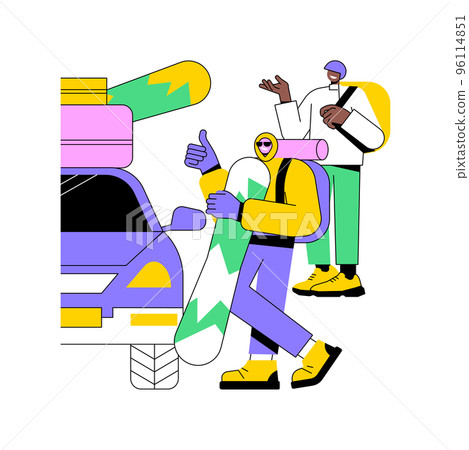 Snowboarding trip isolated cartoon vector illustrations. Group of friends prepare for snowboarding, winter vacations, special equipment, extreme sport, fun in the mountains trip vector cartoon. 96114851