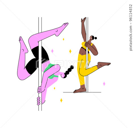 Pole dance classes isolated cartoon vector illustrations. Athletic girls do pole dancing in the studio together, physical activity with friend, professional performance vector cartoon. 96114852