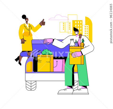Loading groceries isolated cartoon vector illustrations. Smiling worker putting groceries into a customers car, buying takeaway food and drinks, curbside pickup service vector cartoon. 96114865