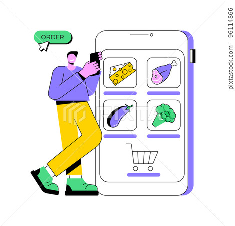 Making order online isolated cartoon vector illustrations. Young man holding phone in hands and buying food online, grocery shopping via internet, curbside pickup service vector cartoon. 96114866