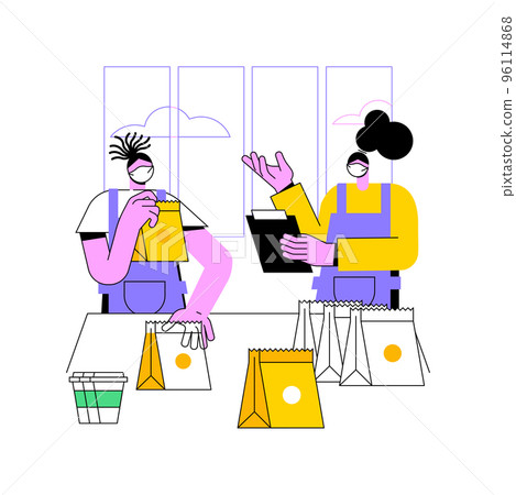 Restaurant preparing orders isolated cartoon vector illustrations. Waitresses in masks prepare online restaurant food orders for takeaway, quarantine curbside pickup service vector cartoon. 96114868