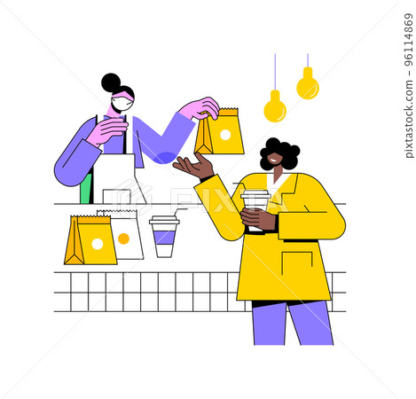 Make an order isolated cartoon vector illustrations. Woman in mask making order at a restaurant, curbside pickup service, buying food and drinks, coronavirus pandemic times vector cartoon. Make an order isolated cartoon vector illustrations. Woman in mask making order at a restaurant, curbside pickup service, buying food and drinks, coronavirus pandemic times vector cartoon. 96114869