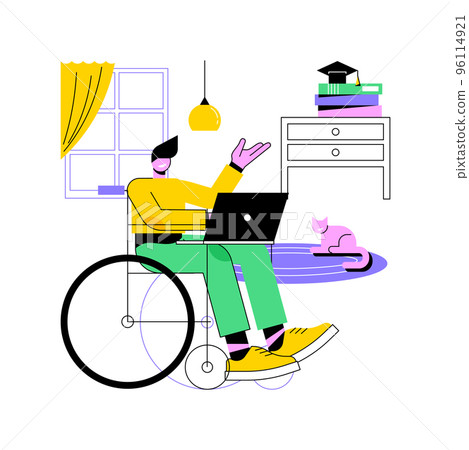 Study from home isolated cartoon vector illustrations. Disabled man in wheelchair with laptop studying at home, distance learning, virtual education, flexible schedule vector cartoon. 96114921