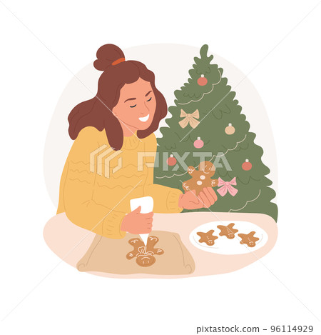 Decorating Gingerbread man isolated cartoon vector illustration. Young woman making decor for gingerbread man, Christmas holiday preparation at home, traditional xmas food vector cartoon. 96114929