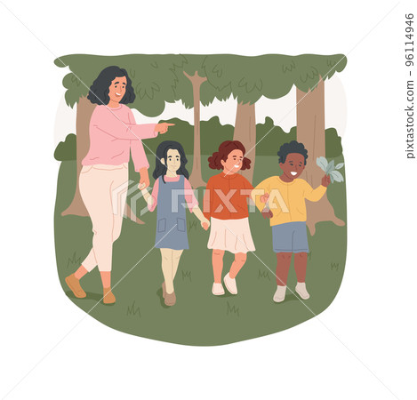Forest school isolated cartoon vector illustration. Adult leading small group of children in the forest, unschooling, field trip, explore nature, seasonal outdoor activity vector cartoon. 96114946