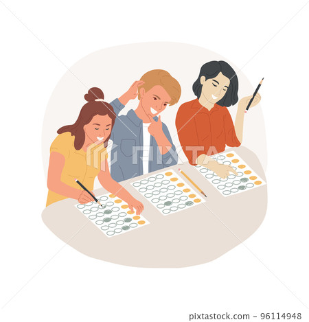 Standardized annual examination isolated cartoon vector illustration. Standardized exam preparation, college preparatory and scholarship testing, group of teenagers writing test vector cartoon. 96114948