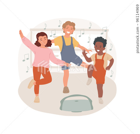Freeze dance isolated cartoon vector illustration. Child balance on one leg, freeze when music stop, classroom game, singing song, education, teaching music in elementary school vector cartoon. 96114969