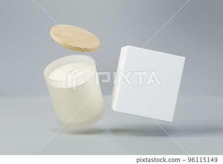 Frosted glass jar candle with wooden lid and box 3D render mockup 96115149